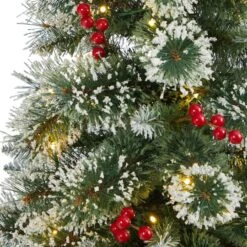 4ft. Pre-Lit Potted Frosted Swiss Pine Artificial Christmas Tree With Berries, Clear LED Lights -Christmas Designers Store D322575S 4