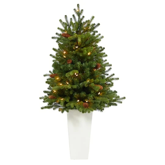 3.5ft. Pre-Lit Yukon Mountain Fir Artificial Christmas Tree In White Planter, Clear Lights 3 3.5ft. Pre-Lit Yukon Mountain Fir Artificial Christmas Tree In White Planter, Clear Lights
