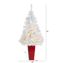 4.5ft. Pre-Lit White Artificial Christmas Tree In Red Planter, Clear LED Lights -Christmas Designers Store D322680S 2