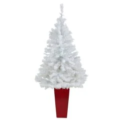4.5ft. Pre-Lit White Artificial Christmas Tree In Red Planter, Clear LED Lights -Christmas Designers Store D322680S 3