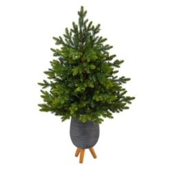 3.5ft. Pre-Lit North Carolina Fir Artificial Christmas Tree In Gray Planter With Stand, Clear Lights -Christmas Designers Store D322712S 3