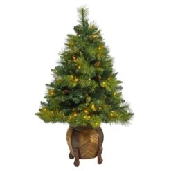 4.3ft. Pre-Lit North Carolina Mixed Pine Artificial Christmas Tree In Planter, Warm White LED Lights