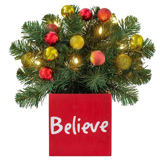 14" LED Believe Classic Greenery In Red Wood Container 4 14" LED Believe Classic Greenery In Red Wood Container - Image 2