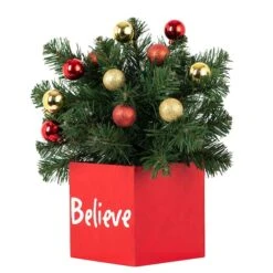 14" LED Believe Classic Greenery In Red Wood Container 7 14" LED Believe Classic Greenery In Red Wood Container -Christmas Designers Store D349460S 2