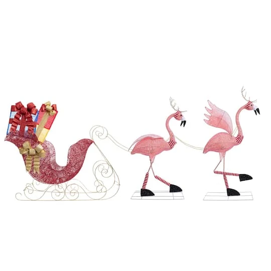 Christmas Flamingo Reindeer With Sleigh 3 Christmas Flamingo Reindeer With Sleigh