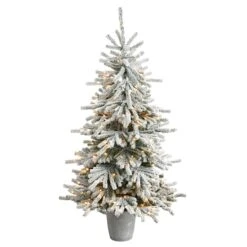 6ft. Pre-Lit Flocked Long Vermont Pine Artificial Christmas Tree In Decorative Planter, White LED Lights