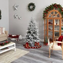 6ft. Pre-Lit Flocked Long Vermont Pine Artificial Christmas Tree In Decorative Planter, White LED Lights -Christmas Designers Store D478790S 10