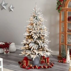 6ft. Pre-Lit Flocked Long Vermont Pine Artificial Christmas Tree In Decorative Planter, White LED Lights -Christmas Designers Store D478790S 7