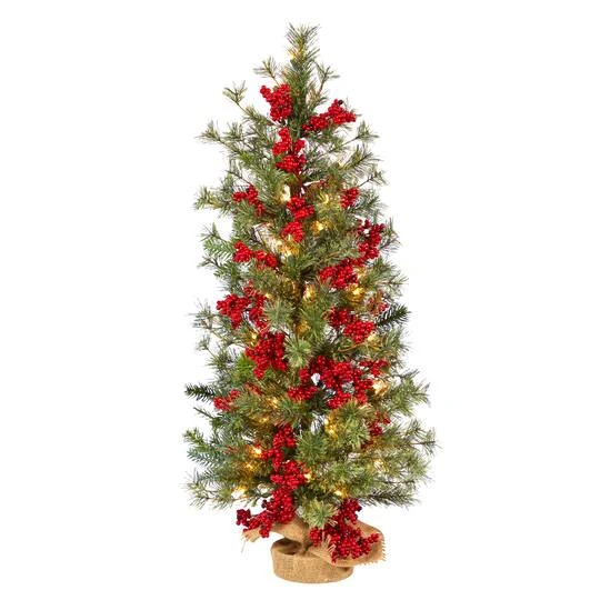 3ft. Pre-Lit Pine Artificial Christmas Tree With Berries And Burlap Base, Warm White Lights 4 3ft. Pre-Lit Pine Artificial Christmas Tree With Berries And Burlap Base, Warm White Lights - Image 2