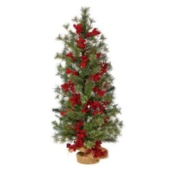3ft. Pre-Lit Pine Artificial Christmas Tree With Berries And Burlap Base, Warm White Lights 14 3ft. Pre-Lit Pine Artificial Christmas Tree With Berries And Burlap Base, Warm White Lights -Christmas Designers Store D478805S 3