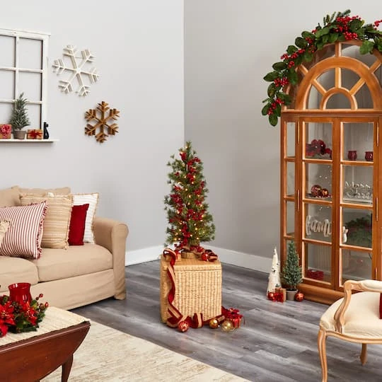 3ft. Pre-Lit Pine Artificial Christmas Tree With Berries And Burlap Base, Warm White Lights 5 3ft. Pre-Lit Pine Artificial Christmas Tree With Berries And Burlap Base, Warm White Lights - Image 3