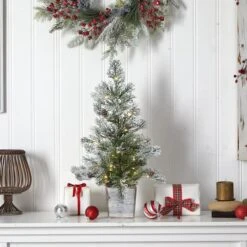 2ft. Pre-Lit Frosted Artificial Christmas Tree In Decorative Planter, Clear Lights -Christmas Designers Store D478947S 7