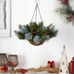 2ft. LED Pine & Berries Artificial Christmas Hanging Basket -Christmas Designers Store D479055S 4