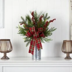 28" Holiday Winter Greenery, Berries & Plaid Bow Artificial Christmas Arrangement -Christmas Designers Store D479069S 3