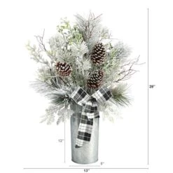 2.5ft. Frosted Greenery & Pinecone With Plaid Bow In Decorative Tin Artificial Christmas Arrangement -Christmas Designers Store D479070S 2