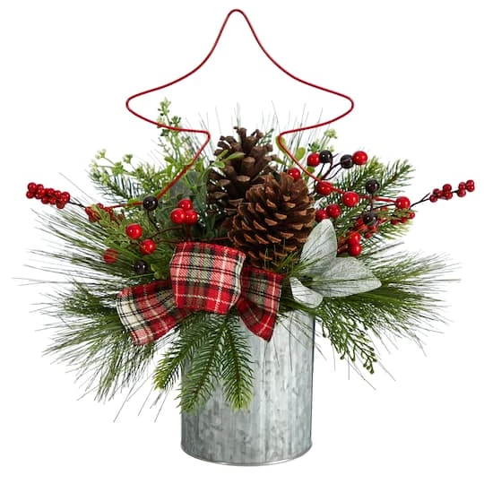 17" Pinecone & Berries Artificial Christmas Arrangement With Decorative Metal Vase & Wire Red Christmas Tree 4 17" Pinecone & Berries Artificial Christmas Arrangement With Decorative Metal Vase & Wire Red Christmas Tree - Image 2