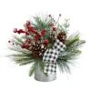 12" Frosted Pinecones & Berries Artificial Arrangement In Vase With Decorative Plaid Bow -Christmas Designers Store D479072S 1