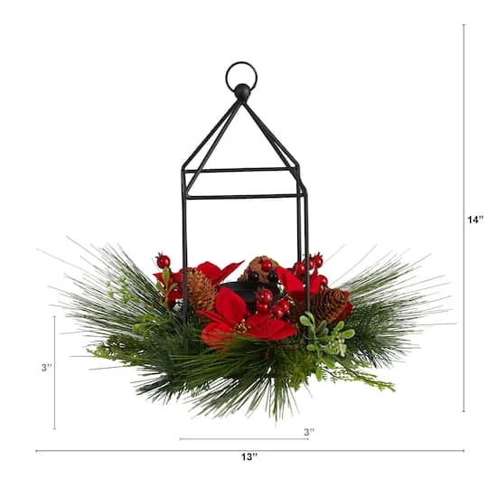 14" Christmas Poinsettia, Berry & Pinecone Metal Candle Holder Artificial Table Arrangement 6 14" Christmas Poinsettia, Berry & Pinecone Metal Candle Holder Artificial Table Arrangement - Image 4