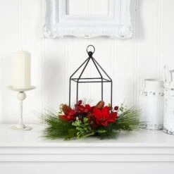 14" Christmas Poinsettia, Berry & Pinecone Metal Candle Holder Artificial Table Arrangement 9 14" Christmas Poinsettia, Berry & Pinecone Metal Candle Holder Artificial Table Arrangement -Christmas Designers Store D479077S 3