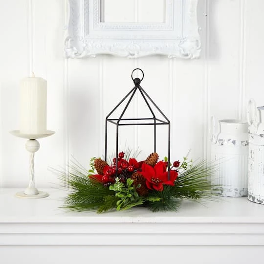 14" Christmas Poinsettia, Berry & Pinecone Metal Candle Holder Artificial Table Arrangement 5 14" Christmas Poinsettia, Berry & Pinecone Metal Candle Holder Artificial Table Arrangement - Image 3