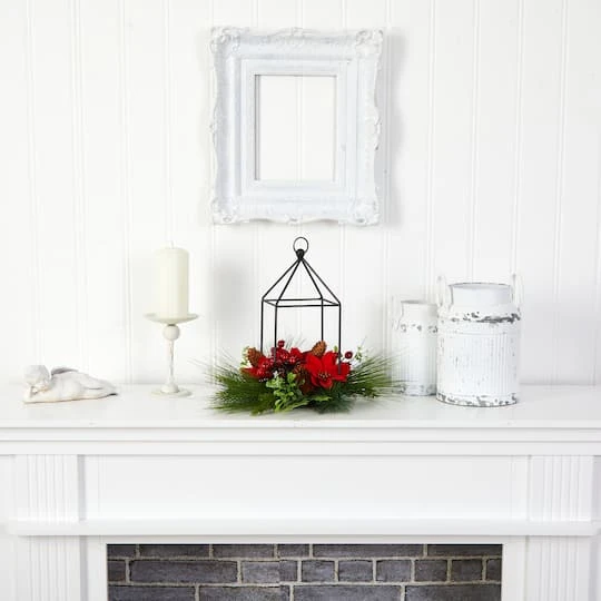 14" Christmas Poinsettia, Berry & Pinecone Metal Candle Holder Artificial Table Arrangement 7 14" Christmas Poinsettia, Berry & Pinecone Metal Candle Holder Artificial Table Arrangement - Image 5