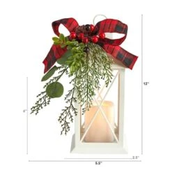 12" White Lantern With Berries, Pine & Plaid Bow Artificial Christmas Table Arrangement With LED Candle -Christmas Designers Store D479079S 2