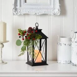 12" Berries & Greenery Metal Lantern Artificial Table Christmas Arrangement With LED Candle -Christmas Designers Store D479080S 3