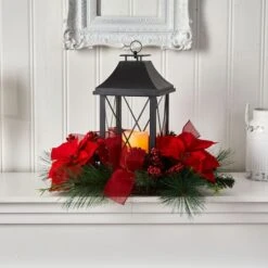 15" Red Poinsettia, Pinecone & Greenery Lantern With LED Candle Artificial Christmas Arrangement -Christmas Designers Store D479085S 3