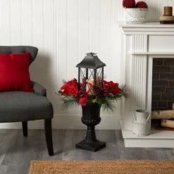 33" Christmas Berries & Poinsettia With Large Lantern & LED Candle In Decorative Urn -Christmas Designers Store D479087S 4