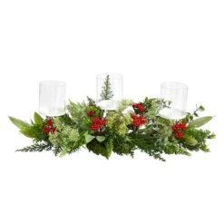 20" Winter Greenery & Berries Triple Candle Holder Christmas Table Arrangement -Christmas Designers Store D479088S 1 1