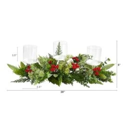 20" Winter Greenery & Berries Triple Candle Holder Christmas Table Arrangement -Christmas Designers Store D479088S 2
