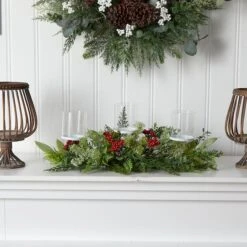 20" Winter Greenery & Berries Triple Candle Holder Christmas Table Arrangement -Christmas Designers Store D479088S 3
