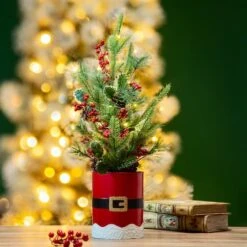 22" Pre-Lit Artificial Christmas Tree In Santa Belt Pot, Warm White LED Lights -Christmas Designers Store D479438S 2