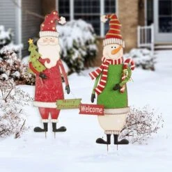 Glitzhome® 3ft. Metal Snowman & Santa Yard Stake Set -Christmas Designers Store D479447S 2