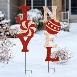 Glitzhome® 3ft. Metal Joy & Noel Yard Stake Set -Christmas Designers Store D479448S 2
