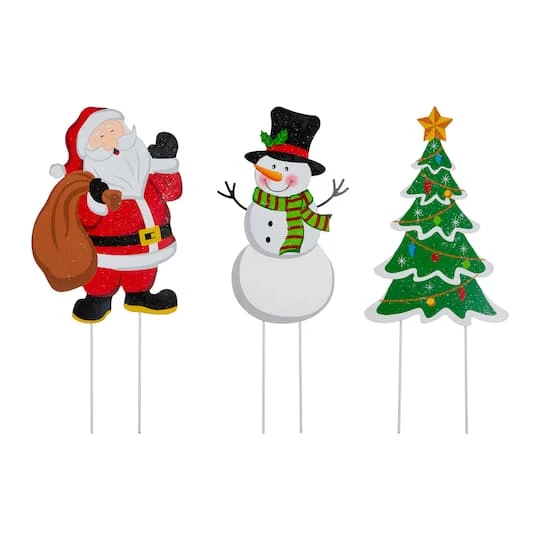 Glitzhome® 2ft. Metal Santa, Snowman & Tree Yard Stake Set 3 Glitzhome® 2ft. Metal Santa, Snowman & Tree Yard Stake Set
