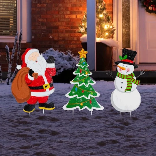 Glitzhome® 2ft. Metal Santa, Snowman & Tree Yard Stake Set 5 Glitzhome® 2ft. Metal Santa, Snowman & Tree Yard Stake Set - Image 3