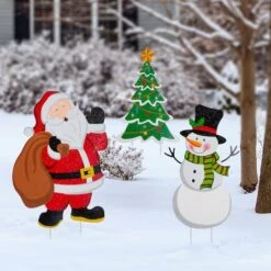 Glitzhome® 2ft. Metal Santa, Snowman & Tree Yard Stake Set 14 Glitzhome® 2ft. Metal Santa, Snowman & Tree Yard Stake Set -Christmas Designers Store D479452S 3