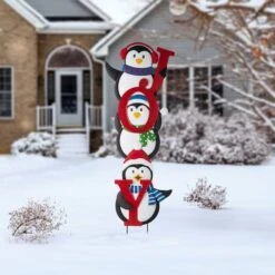 Glitzhome® 3.5ft. Metal Joy Penguin Yard Stake Set -Christmas Designers Store D479454S 3