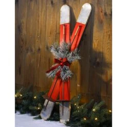 Glitzhome® 35" Red Wooden & Galvanized Ski Porch Décor -Christmas Designers Store D479466S 3
