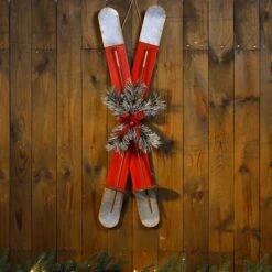 Glitzhome® 35" Red Wooden & Galvanized Ski Porch Décor -Christmas Designers Store D479466S 4