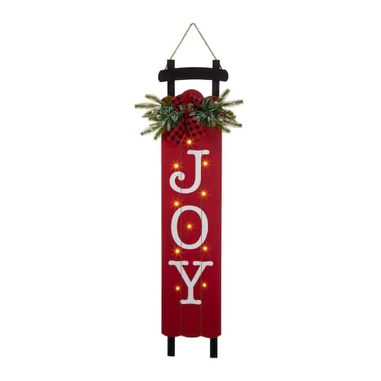 Glitzhome® 40" Lighted Wooden Sleigh JOY Porch Sign With Timer 3 Glitzhome® 40" Lighted Wooden Sleigh JOY Porch Sign With Timer