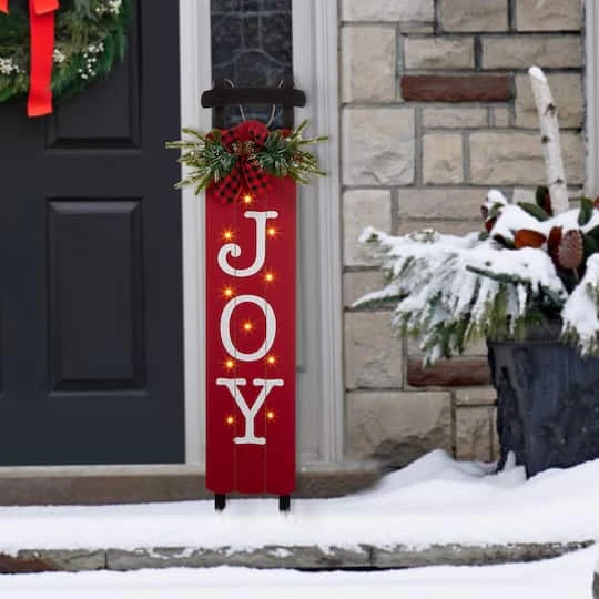 Glitzhome® 40" Lighted Wooden Sleigh JOY Porch Sign With Timer 5 Glitzhome® 40" Lighted Wooden Sleigh JOY Porch Sign With Timer - Image 3