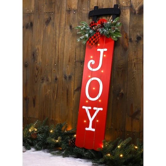Glitzhome® 40" Lighted Wooden Sleigh JOY Porch Sign With Timer 6 Glitzhome® 40" Lighted Wooden Sleigh JOY Porch Sign With Timer - Image 4