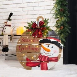 Glitzhome® 30" Lighted Round Wooden Snowman Porch Décor With Timer -Christmas Designers Store D479470S 2