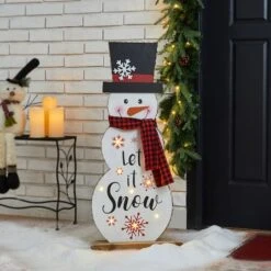 Glitzhome® 3ft. Lighted Wooden Christmas Snowman Porch Décor With Timer -Christmas Designers Store D479473S 2
