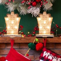 Glitzhome® 8" Marquee LED Gift Box Wooden & Metal Stocking Holder Set -Christmas Designers Store D479490S 2