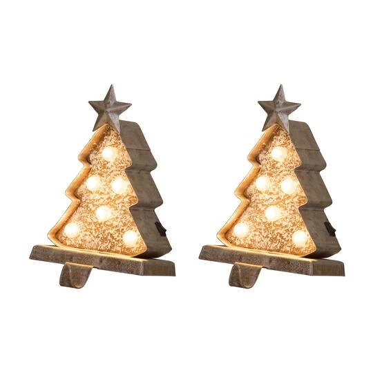 Glitzhome® 8" Marquee LED Wooden & Metal Christmas Tree Stocking Holder Set 4 Glitzhome® 8" Marquee LED Wooden & Metal Christmas Tree Stocking Holder Set - Image 2