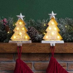 Glitzhome® 8" Marquee LED Wooden & Metal Christmas Tree Stocking Holder Set 13 Glitzhome® 8" Marquee LED Wooden & Metal Christmas Tree Stocking Holder Set -Christmas Designers Store D479507S 2