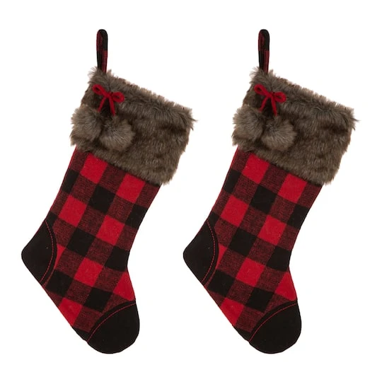 Glitzhome® 21" Black & Red Buffalo Plaid Pompom Stockings, 2ct. 3 Glitzhome® 21" Black & Red Buffalo Plaid Pompom Stockings, 2ct.